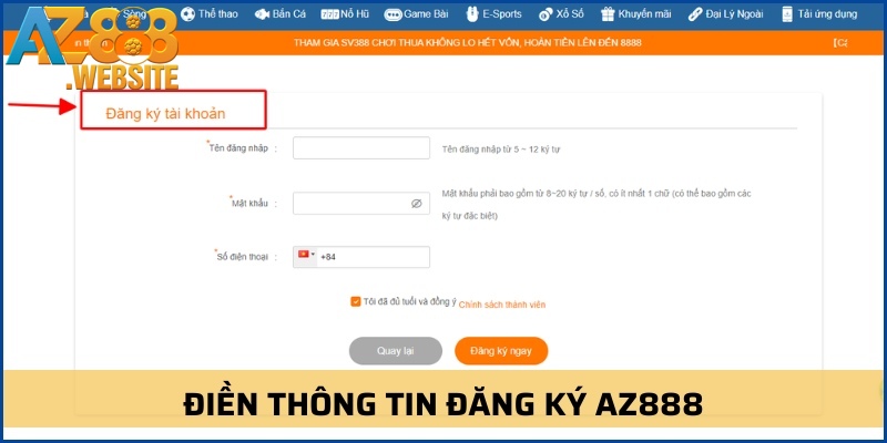 Người chơi cập nhật một vài dữ liệu cơ bản để đăng ký AZ888