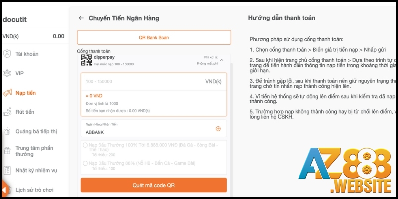Nạp tiền AZ888 với phương thức chuyển khoản ngân hàng